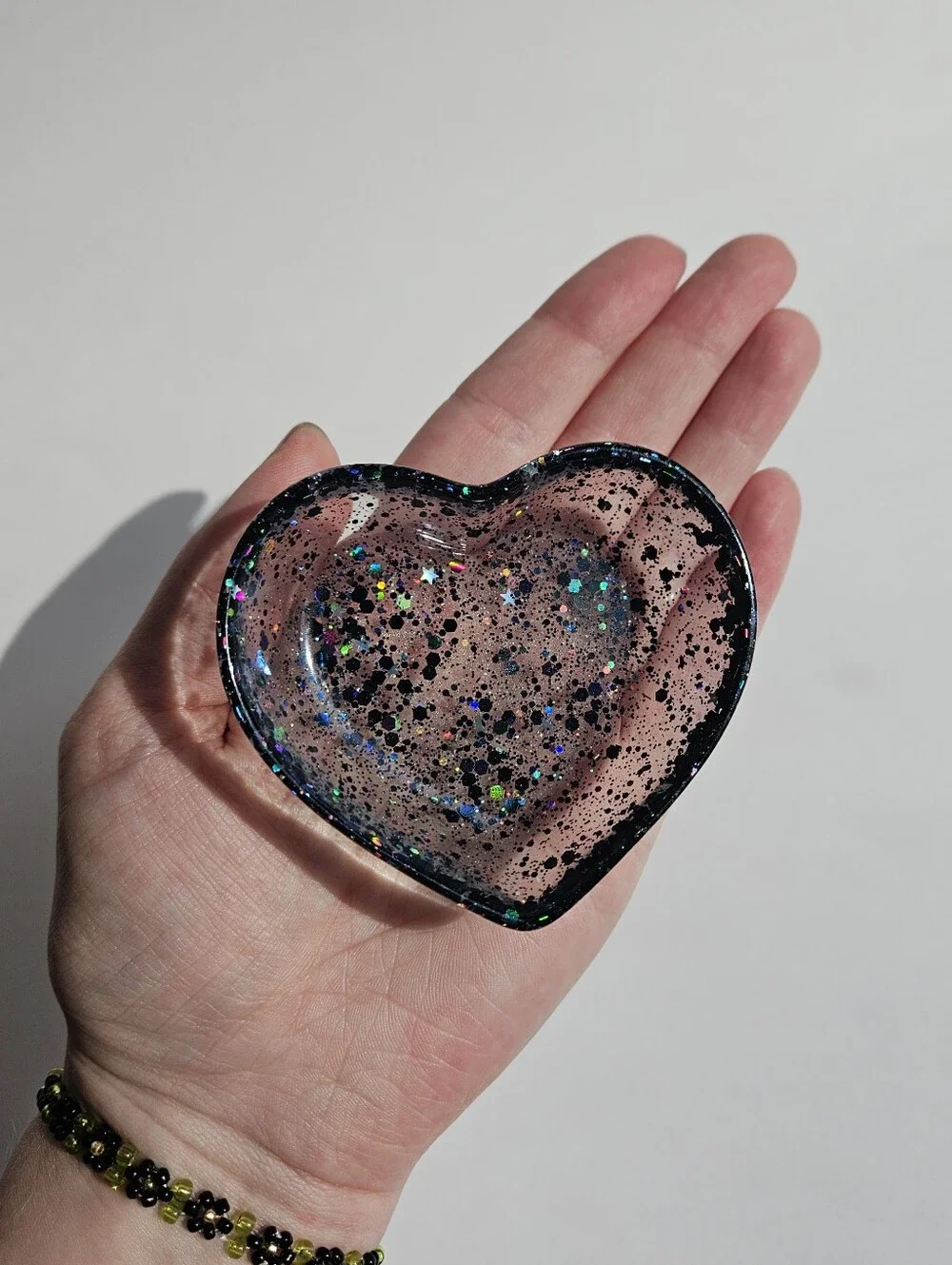 Handmade Holographic Black Glitter Mini Heart Resin Dish Jewelry Tray Girly Deco